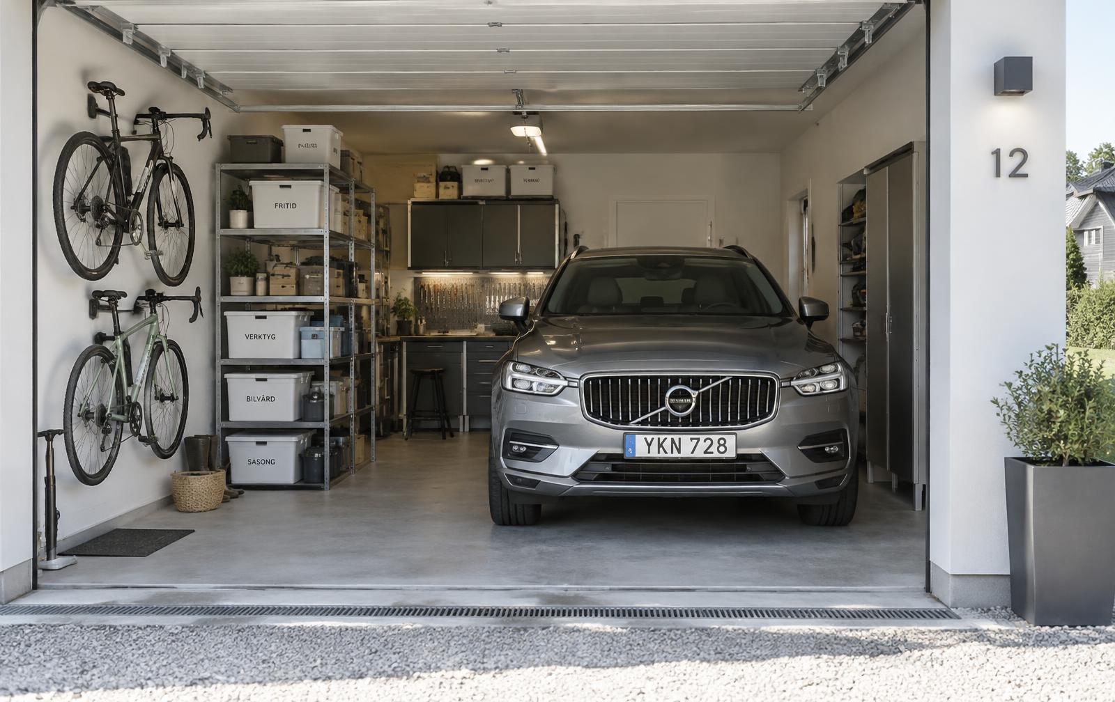 Privat garage med bil, cyklar och förvaring